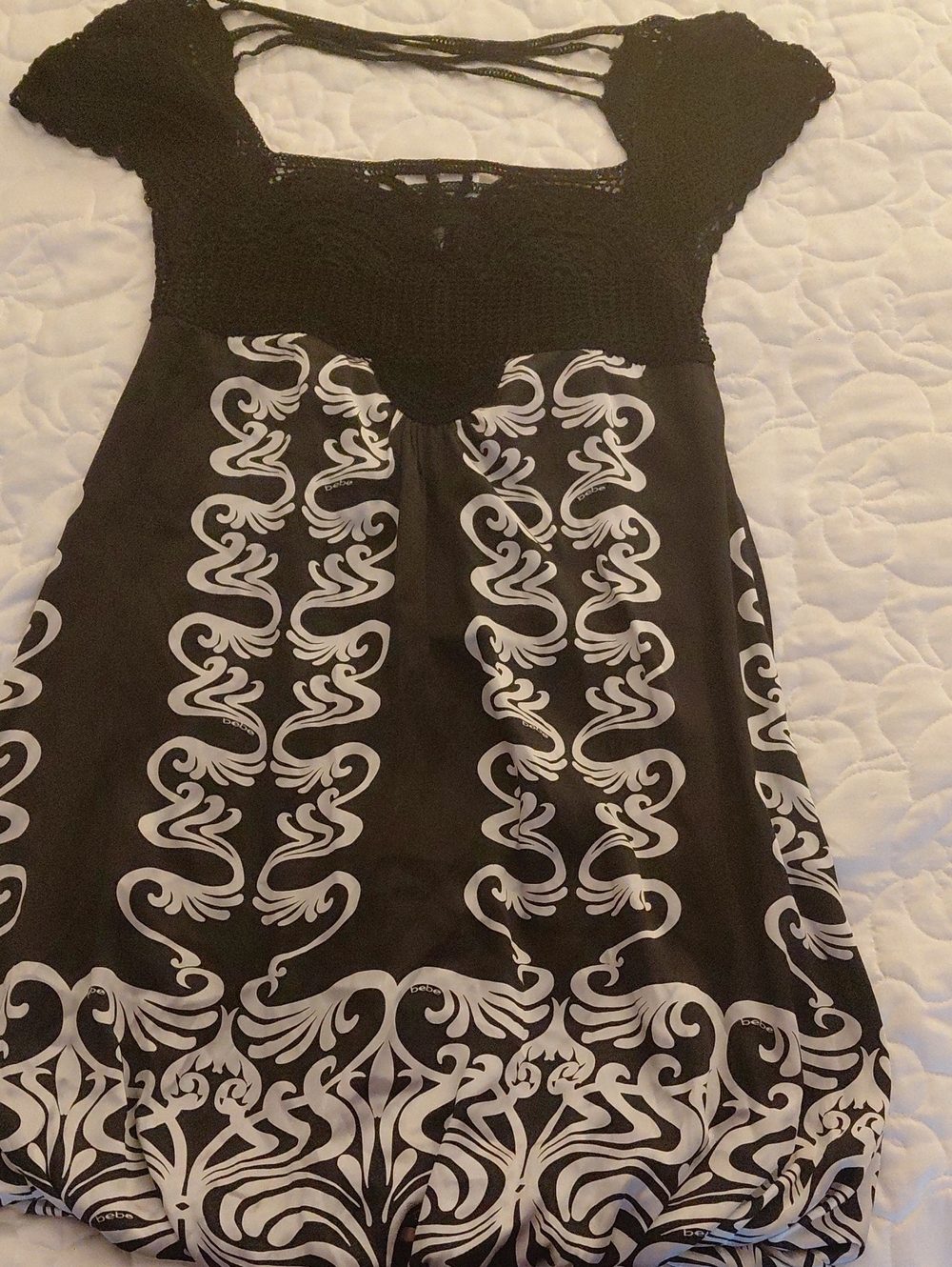 bebe Black Mini Dress with White Scroll Print